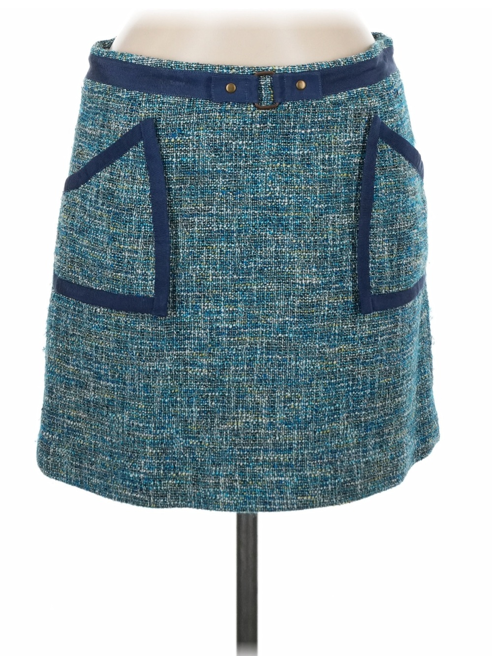 Tracy Reece Blue Tweed A-Line Skirt with Navy Trim